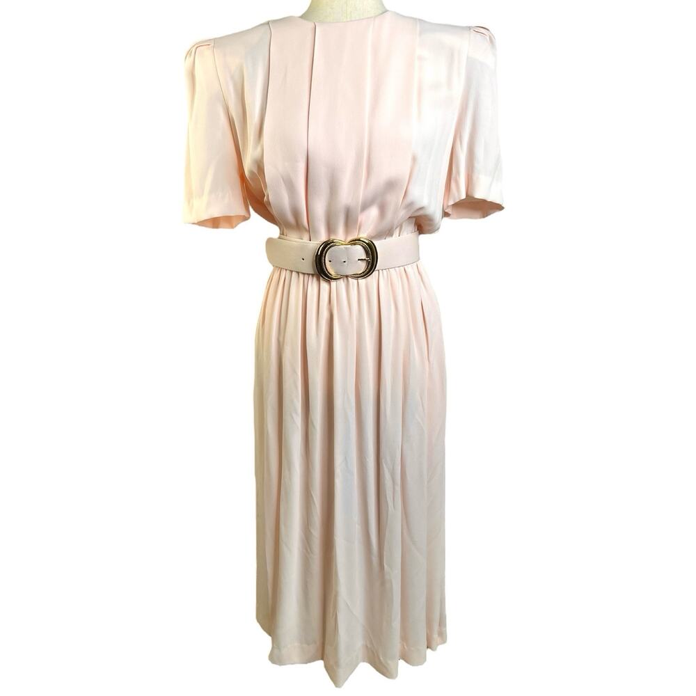 Vintage Size 12 Pink Crepe Short Sleeve Blouson Belted A-line Midi Dress St John